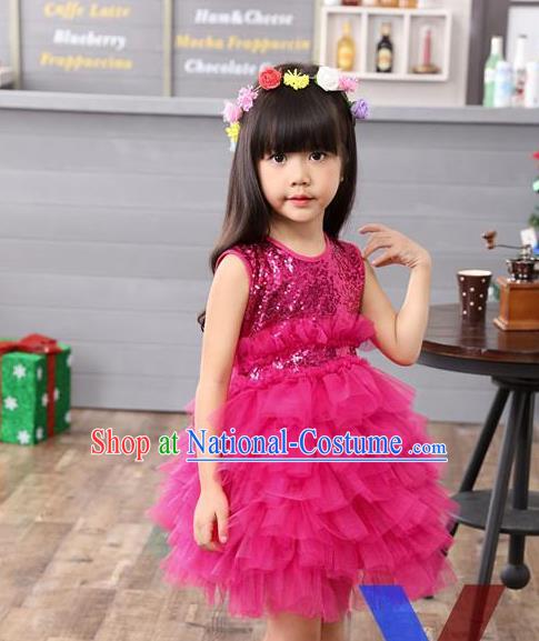 Top Grade Professional Compere Modern Dance Costume, Children Opening Dance Chorus Uniforms Paillette Rose Bubble Dress for Girls