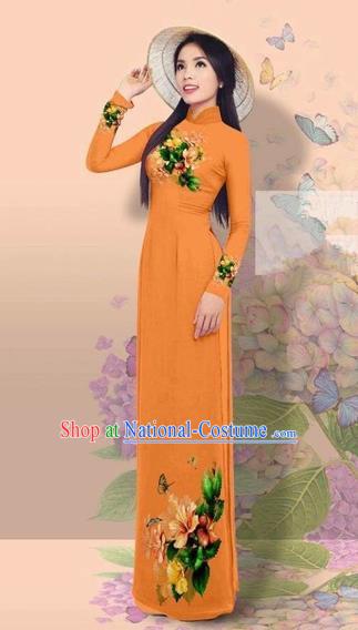 Traditional Top Grade Asian Vietnamese Costumes Classical 3D Printing Cheongsam, Vietnam National Vietnamese Young Lady Miss Etiquette Orange Ao Dai Dress