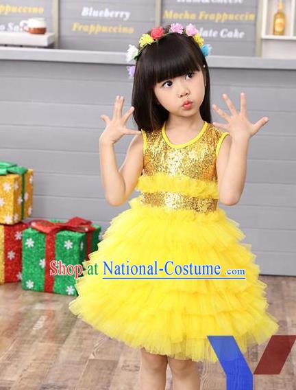 Top Grade Professional Compere Modern Dance Costume, Children Opening Dance Chorus Uniforms Paillette Yellow Bubble Dress for Girls