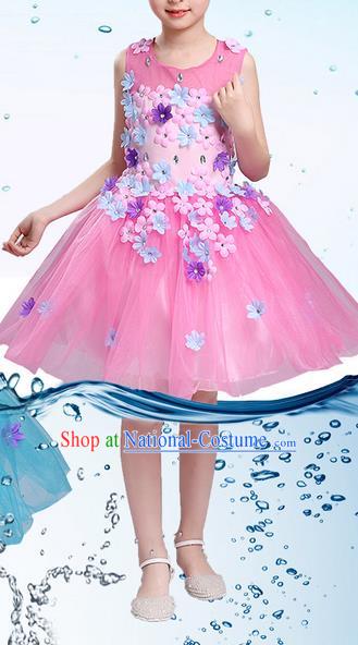 Top Grade Professional Compere Modern Dance Costume, Children Opening Dance Chorus Uniforms Flower Faerie Princess Pink Bubble Dress for Girls