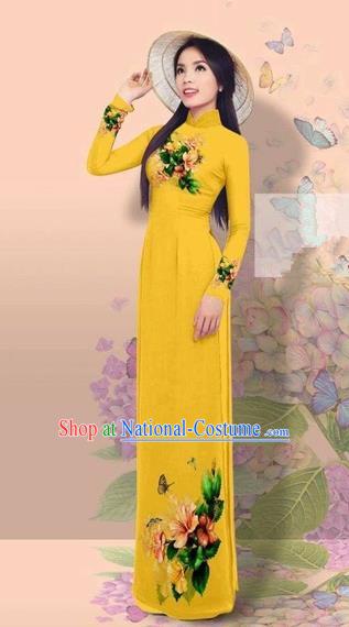 Traditional Top Grade Asian Vietnamese Costumes Classical 3D Printing Cheongsam, Vietnam National Vietnamese Young Lady Miss Etiquette Ginger Ao Dai Dress