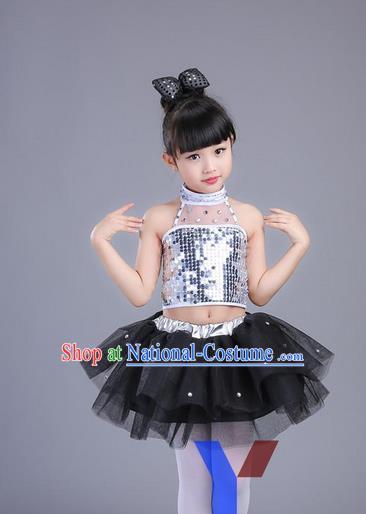 Top Grade Professional Compere Modern Dance Costume, Children Opening Dance Chorus Uniforms Jazz Dance Black Bubble Dress for Girls