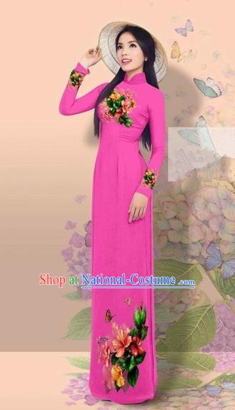 Traditional Top Grade Asian Vietnamese Costumes Classical 3D Printing Cheongsam, Vietnam National Vietnamese Young Lady Miss Etiquette Rosy Ao Dai Dress