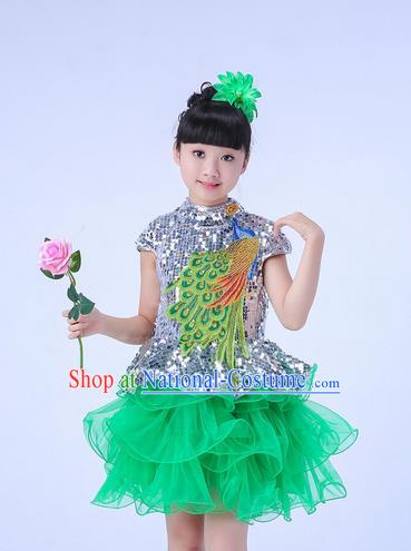 Top Grade Professional Compere Modern Dance Costume, Children Opening Dance Chorus Uniforms Peacock Green Paillette Bubble Dress for Girls