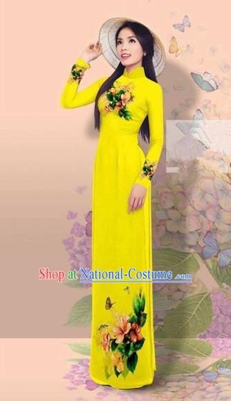 Traditional Top Grade Asian Vietnamese Costumes Classical 3D Printing Cheongsam, Vietnam National Vietnamese Young Lady Miss Etiquette Bright Yellow Ao Dai Dress