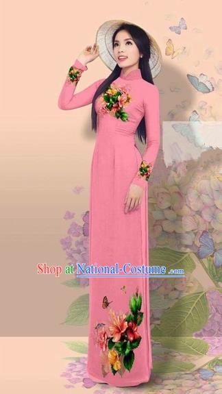 Traditional Top Grade Asian Vietnamese Costumes Classical 3D Printing Cheongsam, Vietnam National Vietnamese Young Lady Miss Etiquette Pink Ao Dai Dress