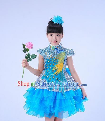 Top Grade Professional Compere Modern Dance Costume, Children Opening Dance Chorus Uniforms Peacock Blue Paillette Bubble Dress for Girls