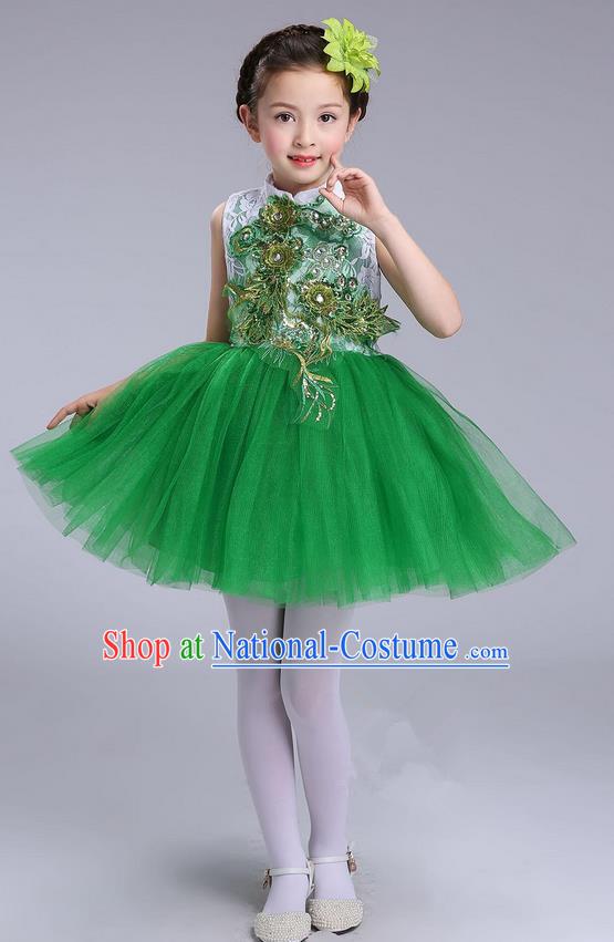 Top Grade Professional Compere Modern Dance Costume, Children Opening Dance Chorus Uniforms Green Bubble Dress for Girls