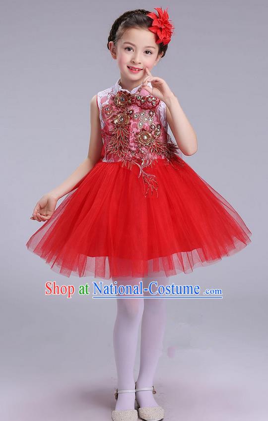 Top Grade Professional Compere Modern Dance Costume, Children Opening Dance Chorus Uniforms Red Bubble Dress for Girls