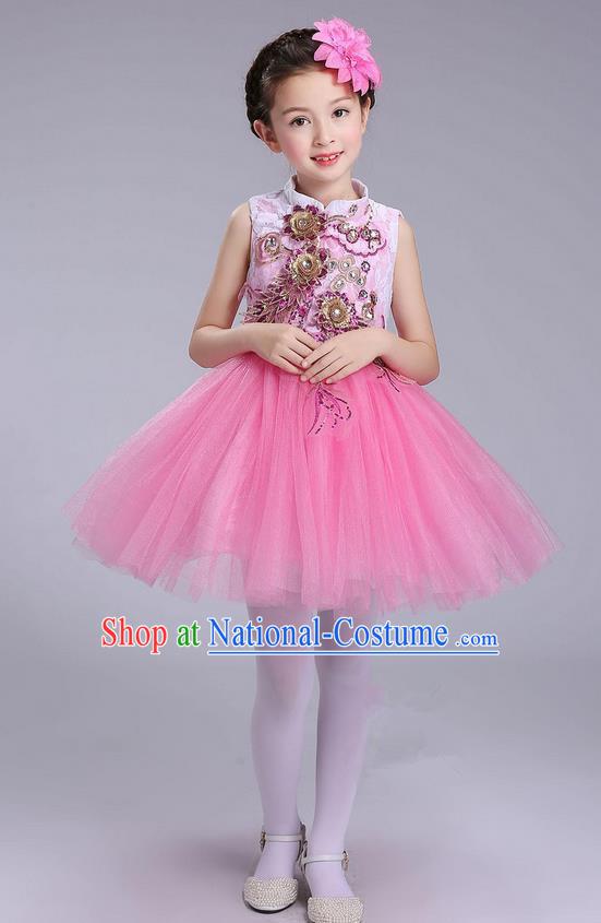 Top Grade Professional Compere Modern Dance Costume, Children Opening Dance Chorus Uniforms Pink Bubble Dress for Girls