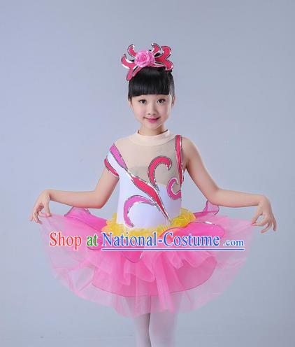 Top Grade Professional Compere Modern Dance Costume, Children Opening Dance Chorus Uniforms Jazz Dance Paillette Pink Bubble Dress for Girls