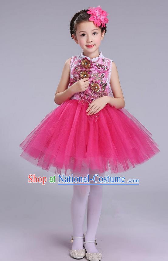 Top Grade Professional Compere Modern Dance Costume, Children Opening Dance Chorus Uniforms Rose Bubble Dress for Girls