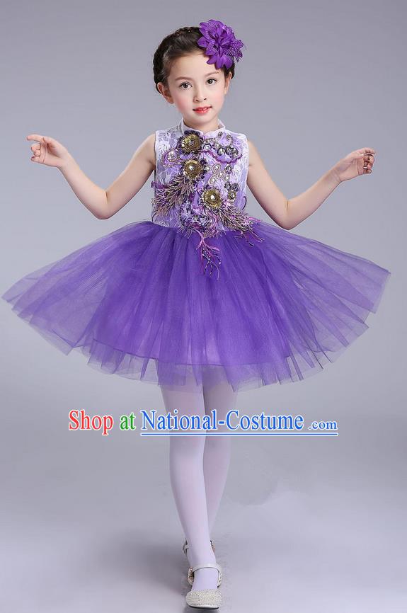 Top Grade Professional Compere Modern Dance Costume, Children Opening Dance Chorus Uniforms Purple Bubble Dress for Girls