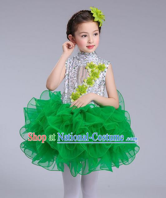 Top Grade Professional Compere Modern Dance Costume, Children Opening Dance Chorus Flowers Uniforms Princess Green Bubble Dress for Girls