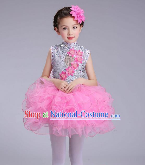 Top Grade Professional Compere Modern Dance Costume, Children Opening Dance Chorus Flowers Uniforms Princess Pink Bubble Dress for Girls