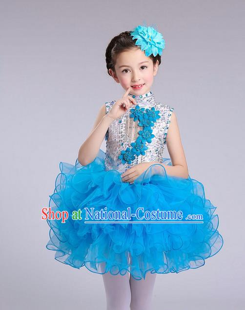 Top Grade Professional Compere Modern Dance Costume, Children Opening Dance Chorus Flowers Uniforms Princess Light Blue Bubble Dress for Girls