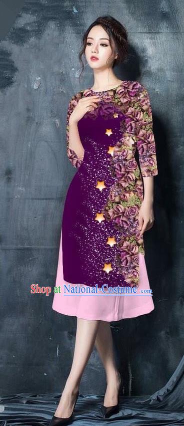 Traditional Top Grade Asian Vietnamese Costumes Classical Printing Purple Cheongsam, Vietnam National Vietnamese Bride Ao Dai Dress for Women