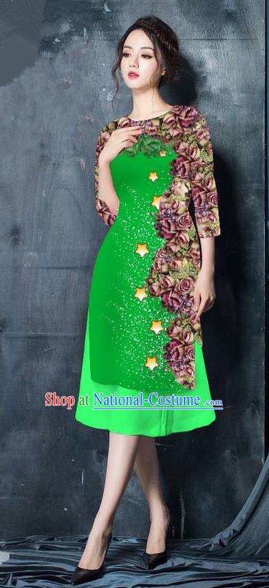 Traditional Top Grade Asian Vietnamese Costumes Classical Printing Green Cheongsam, Vietnam National Vietnamese Bride Ao Dai Dress for Women