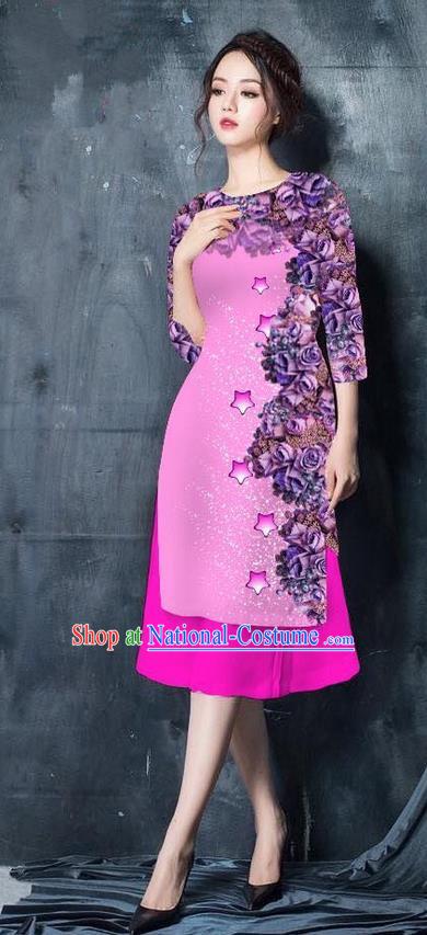 Traditional Top Grade Asian Vietnamese Costumes Classical Printing Peachpuff Cheongsam, Vietnam National Vietnamese Bride Ao Dai Dress for Women