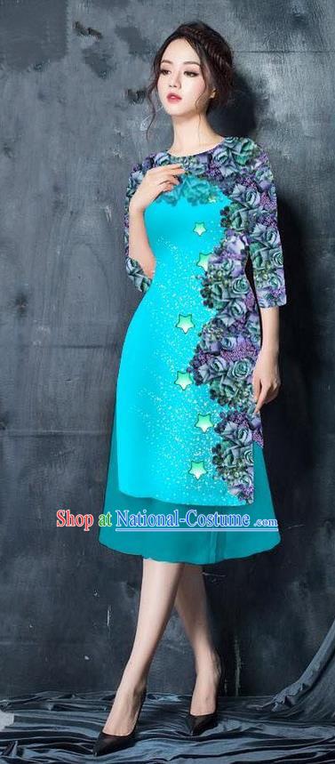 Traditional Top Grade Asian Vietnamese Costumes Classical Printing Blue Cheongsam, Vietnam National Vietnamese Bride Ao Dai Dress for Women