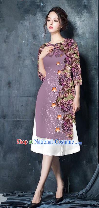 Traditional Top Grade Asian Vietnamese Costumes Classical Printing Lilac Cheongsam, Vietnam National Vietnamese Bride Ao Dai Dress for Women