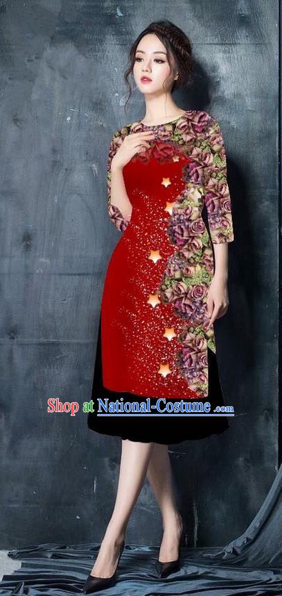 Traditional Top Grade Asian Vietnamese Costumes Classical Printing Wine Red Cheongsam, Vietnam National Vietnamese Bride Ao Dai Dress for Women