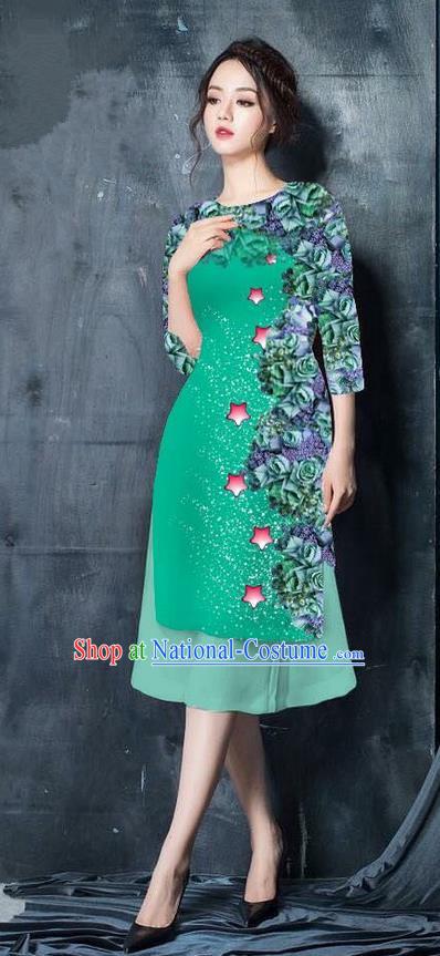 Traditional Top Grade Asian Vietnamese Costumes Classical Printing Light Green Cheongsam, Vietnam National Vietnamese Bride Ao Dai Dress for Women