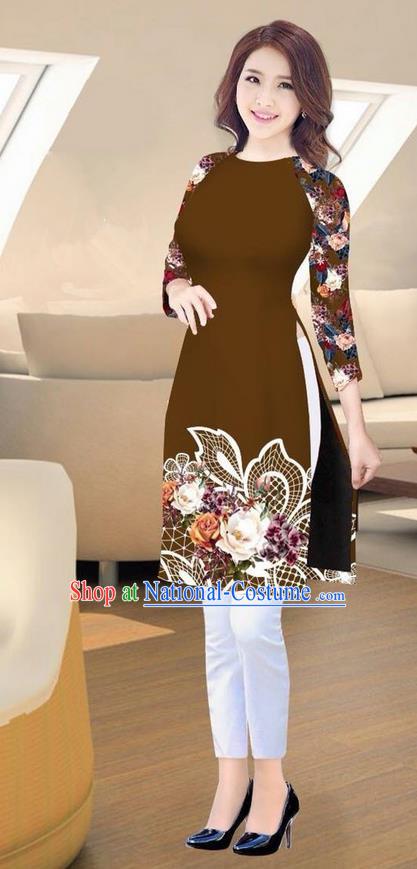 Traditional Top Grade Asian Vietnamese Costumes Classical Printing Brown Short Cheongsam, Vietnam National Vietnamese Ao Dai Dress for Women