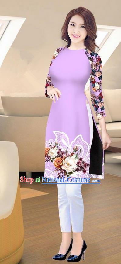 Traditional Top Grade Asian Vietnamese Costumes Classical Printing Lilac Short Cheongsam, Vietnam National Vietnamese Ao Dai Dress for Women