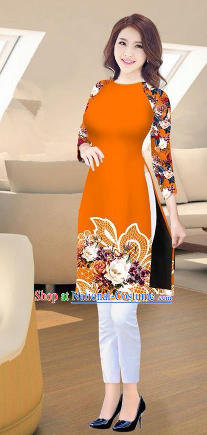 Traditional Top Grade Asian Vietnamese Costumes Classical Printing Orange Short Cheongsam, Vietnam National Vietnamese Ao Dai Dress for Women