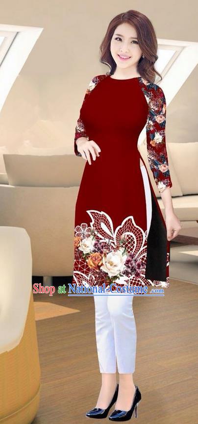 Traditional Top Grade Asian Vietnamese Costumes Classical Printing Purplish Red Short Cheongsam, Vietnam National Vietnamese Ao Dai Dress for Women