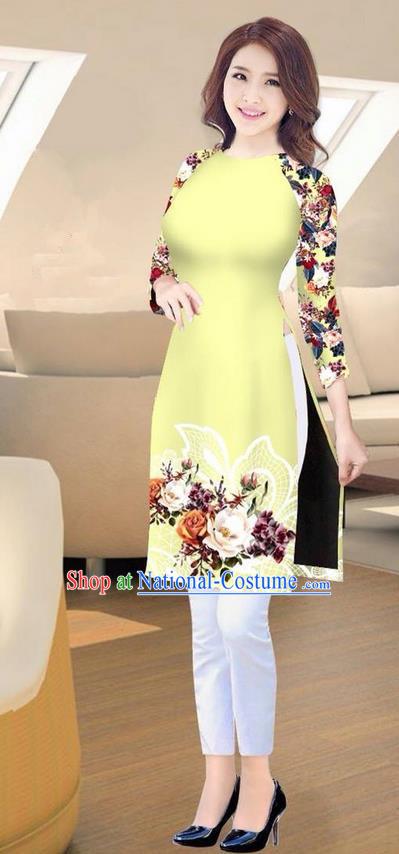 Traditional Top Grade Asian Vietnamese Costumes Classical Printing Yellow Short Cheongsam, Vietnam National Vietnamese Ao Dai Dress for Women