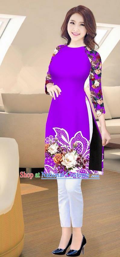 Traditional Top Grade Asian Vietnamese Costumes Classical Printing Purple Short Cheongsam, Vietnam National Vietnamese Ao Dai Dress for Women