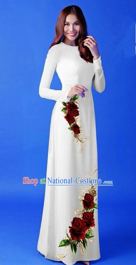 Traditional Top Grade Asian Vietnamese Costumes Classical 3D Printing White Long Cheongsam, Vietnam National Vietnamese Princess Ao Dai Dress for Women