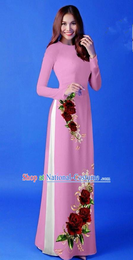 Traditional Top Grade Asian Vietnamese Costumes Classical 3D Printing Pink Long Cheongsam, Vietnam National Vietnamese Princess Ao Dai Dress for Women