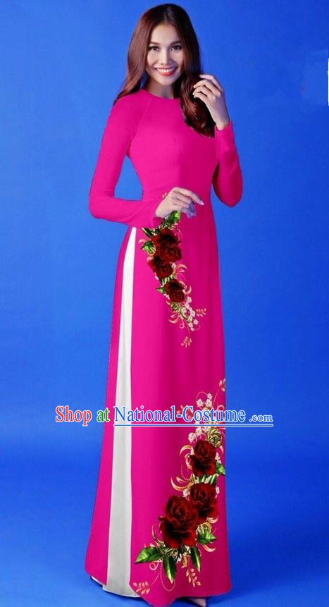 Traditional Top Grade Asian Vietnamese Costumes Classical 3D Printing Rosy Long Cheongsam, Vietnam National Vietnamese Princess Ao Dai Dress for Women