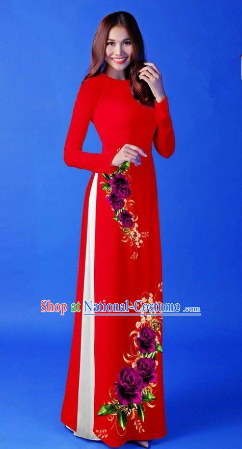 Traditional Top Grade Asian Vietnamese Costumes Classical 3D Printing Red Long Cheongsam, Vietnam National Vietnamese Princess Ao Dai Dress for Women