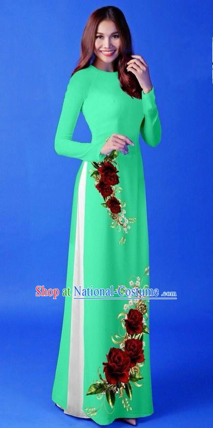 Traditional Top Grade Asian Vietnamese Costumes Classical 3D Printing Green Long Cheongsam, Vietnam National Vietnamese Princess Ao Dai Dress for Women