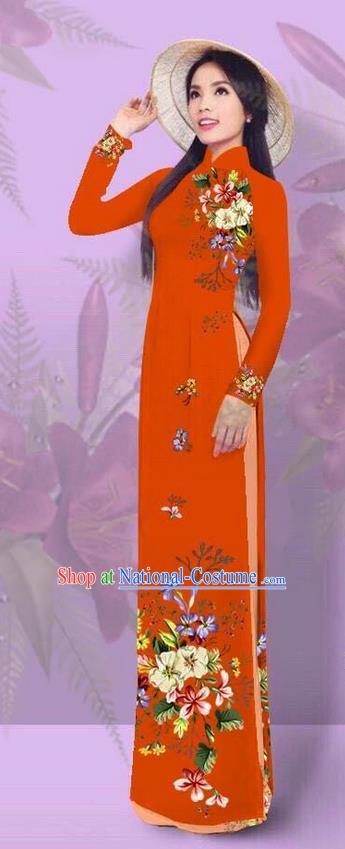 Top Grade Asian Vietnamese Costumes Classical Jing Nationality Printing Orange Cheongsam, Vietnam National Vietnamese Traditional Princess Ao Dai Dress for Women