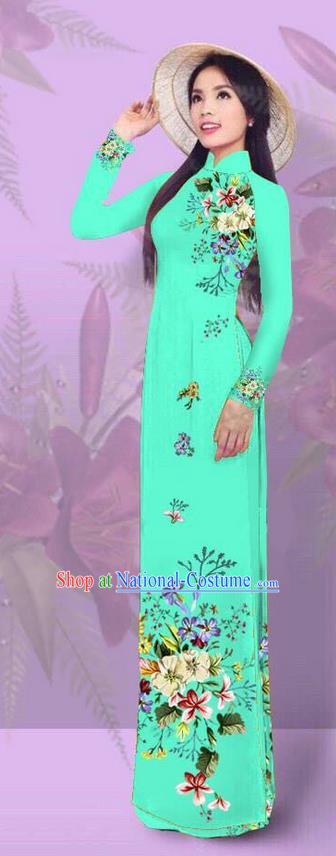 Top Grade Asian Vietnamese Costumes Classical Jing Nationality Printing Light Green Cheongsam, Vietnam National Vietnamese Traditional Princess Ao Dai Dress for Women