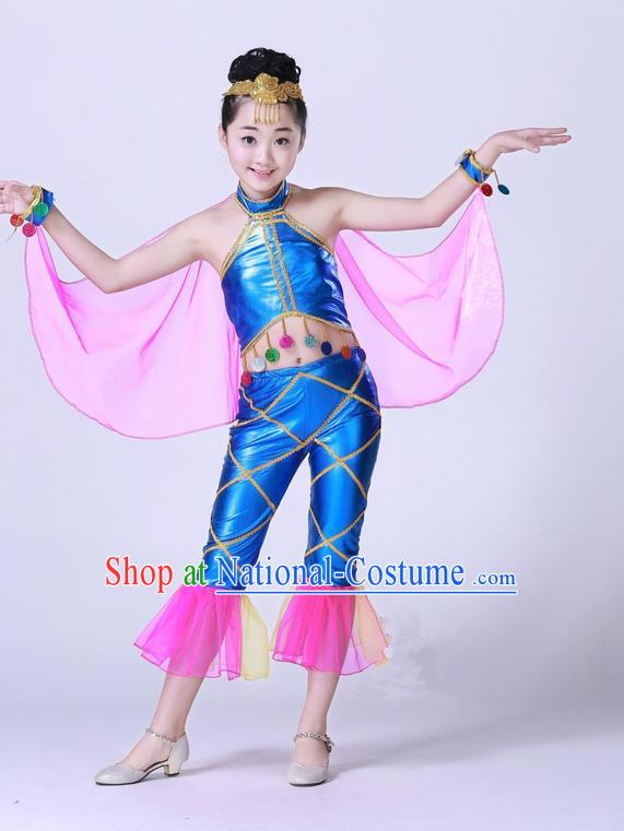 Top Grade Professional Compere Modern Dance Costume, Children Opening Dance Chorus Fish Dance Uniforms Blue Clothing Complete Set for Girls