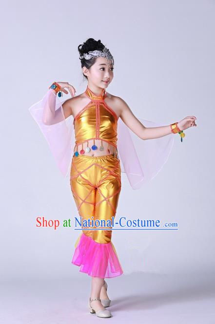 Top Grade Professional Compere Modern Dance Costume, Children Opening Dance Chorus Fish Dance Uniforms Golden Clothing Complete Set for Girls