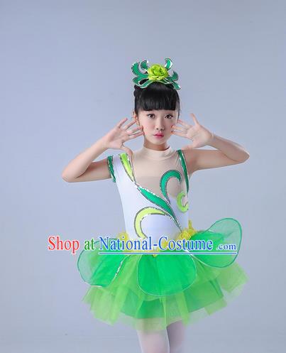 Top Grade Professional Compere Modern Dance Costume, Children Opening Dance Chorus Uniforms Jazz Dance Paillette Green Bubble Dress for Girls