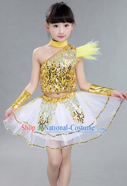 Top Grade Professional Compere Modern Dance Costume, Children Jazz Dance Latin Dance Uniforms Golden Clothing Complete Set for Girls