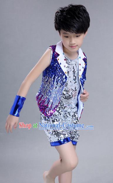 Top Grade Professional Compere Modern Dance Costume, Children Jazz Dance Latin Dance Uniforms Blue Clothing Complete Set for Boys