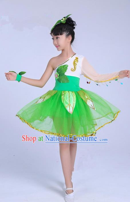 Top Grade Professional Compere Modern Dance Costume, Children Lotus Dance Folk Classical Dance Uniforms Green Dress for Girls