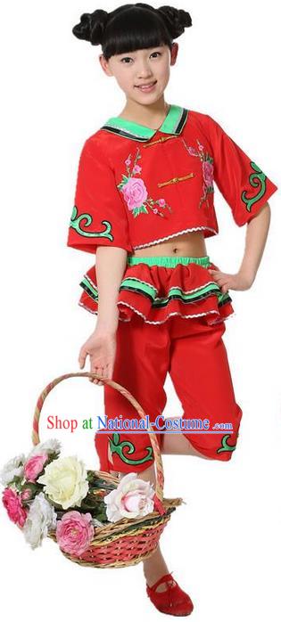 Traditional Chinese Classical Dance Yangge Fan Dancing Costume, Folk Dance Drum Dance Uniform Yangko Red Clothing for Girls