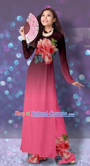 Traditional Top Grade Asian Vietnamese Costumes Classical Printing Cheongsam, Vietnam National Vietnamese Princess Pink Ao Dai Dress Dance Clothing