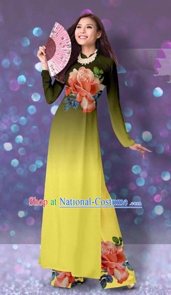 Traditional Top Grade Asian Vietnamese Costumes Classical Printing Cheongsam, Vietnam National Vietnamese Princess Yellow Ao Dai Dress Dance Clothing