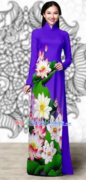 Traditional Top Grade Asian Vietnamese Costumes Classical Printing Lotus Cheongsam, Vietnam National Vietnamese Young Lady Miss Etiquette Purple Ao Dai Dress